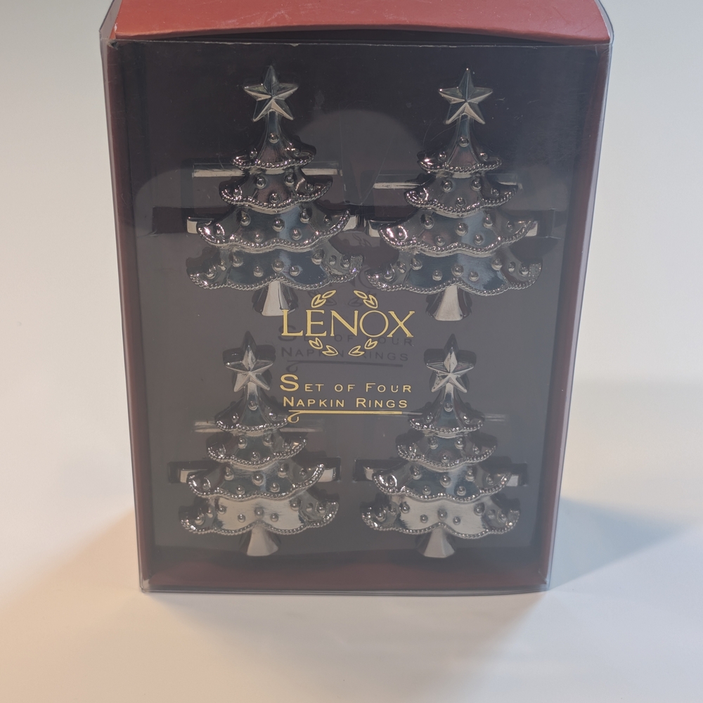 NIB Lenox Holiday Noel Christmas Tree Napkin Rings Set of 4 Silver Silverplate